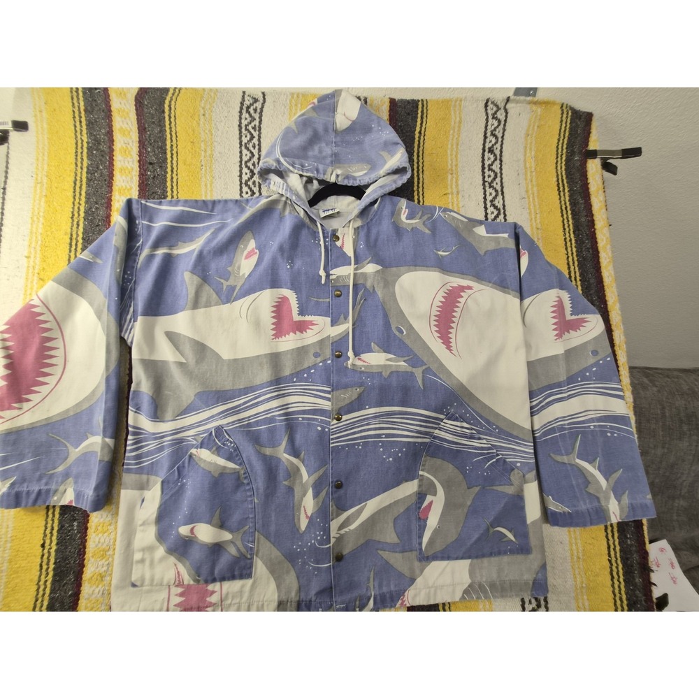 RARE Vintage MICHIGAN RAG CO All Over Print Hooded Jacket SHARK Size XL